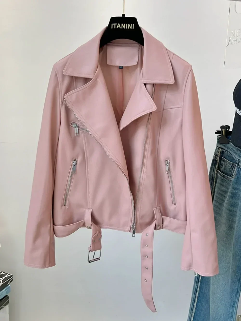 Pink Short Faux Leather Jacket Women\'s Small 2024 Spring Easy To Match Casual Biker Jacket High Street Cool American Fashion