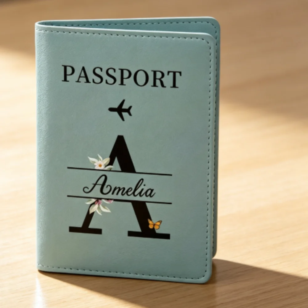 Personalized Custom Name Green Passport Holder, Unisex Travel School Accessory Birthday Wedding Anniversary Holiday Gift