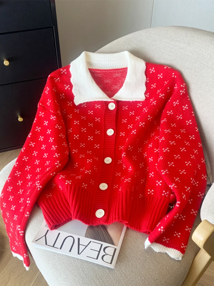 Women's Red Cardigan Christmas Sweater Harajuku Y2k Long Sleeves Jumper Cashmere Sweaters Vintage 2000s Cutecore Clothes Autumn