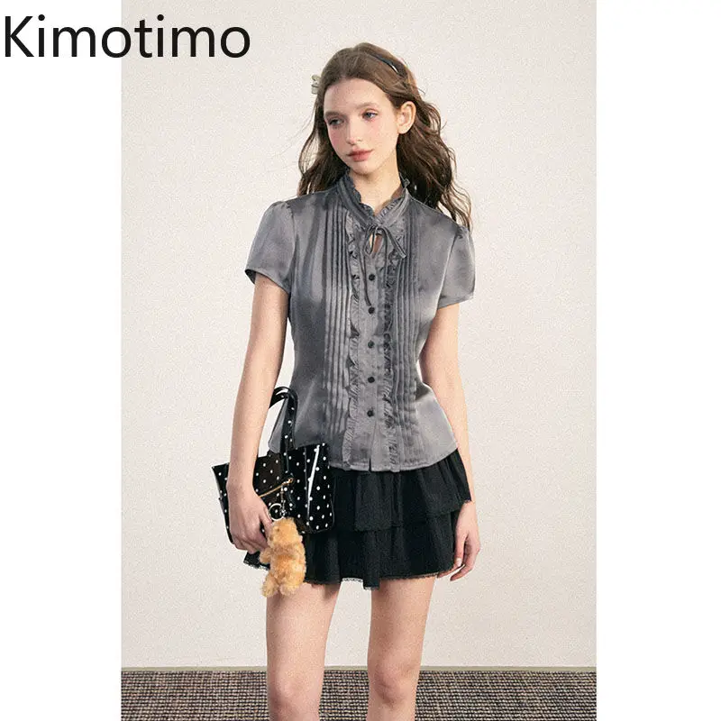 

Kimotimo Women Shirt Vintage Fungus Edge Single Breasted Slim Fit Y2k Crop Tops Summer Fashion Short Sleeve Versatile Blouses
