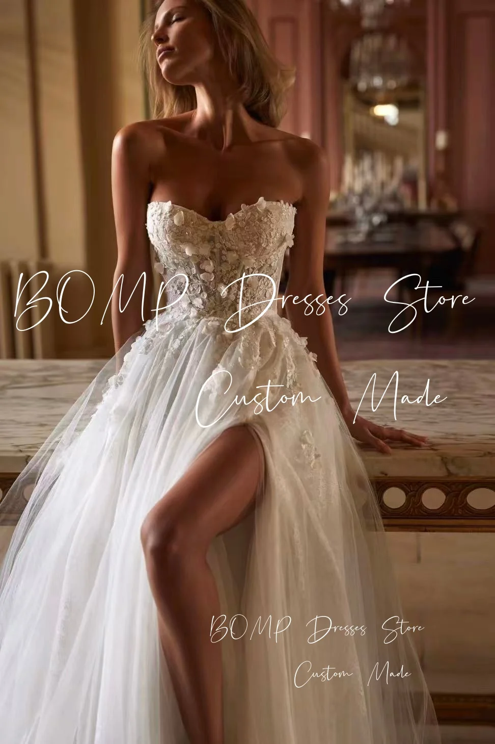 Suknie ślubne BOMP Vintage z kwiatami 3D dla panny młodej, dekolt w serduszko, wysokie rozcięcie z boku, suknia ślubna szyta na miarę, nowa suknia ślubna 2026