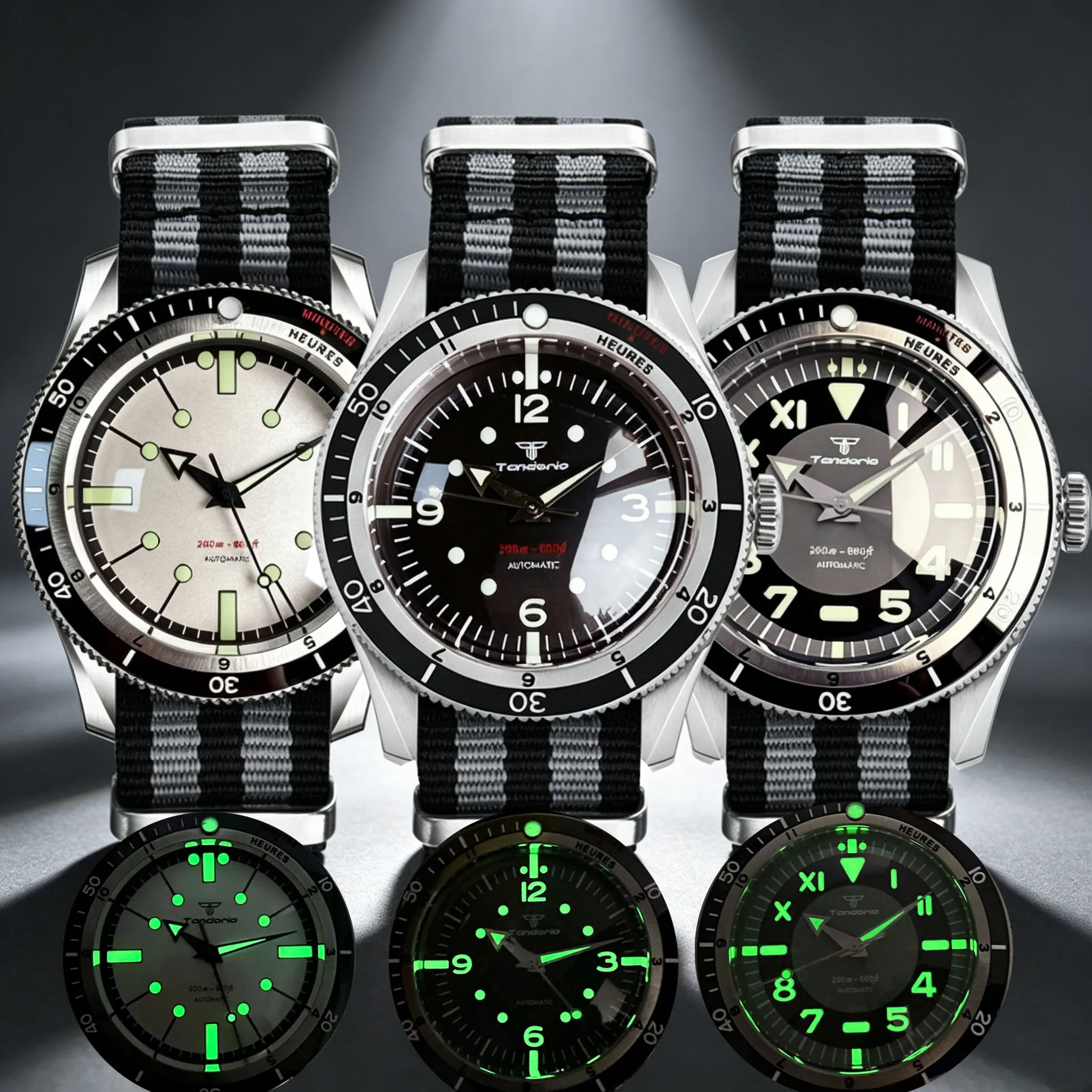 

20ATM Diver Tandorio Vintage 40mm Double Bow Sapphire Glass Automatic Watch Luminous Miyota8215 Movement Men's Nylon Strap