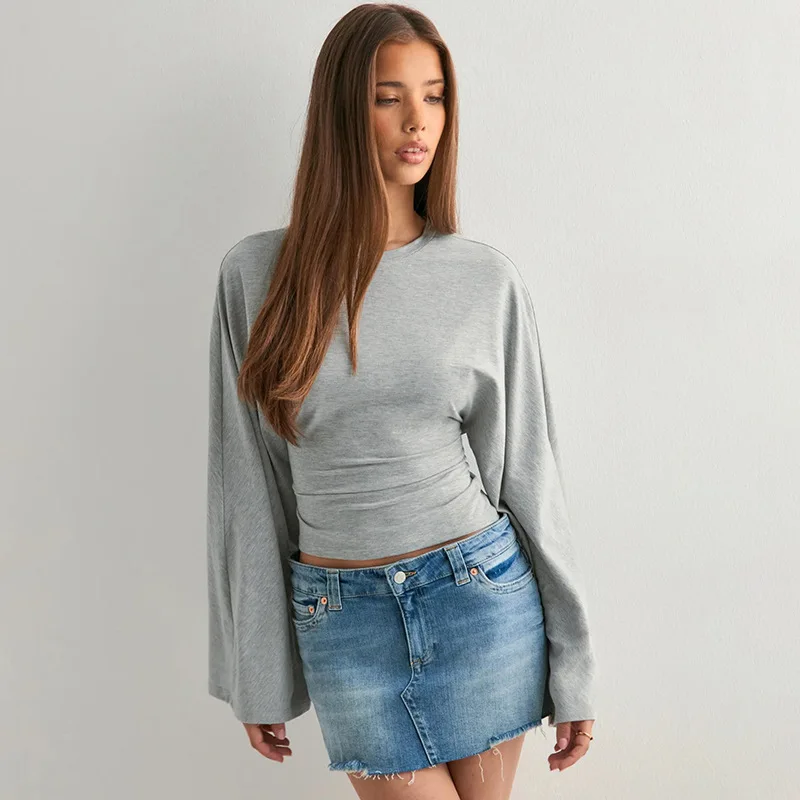 Women's Ruched Long Sleeve Crop Top Gray Slim Fit Crew Neck Shirt Fitted Waist Casual Going Out Top