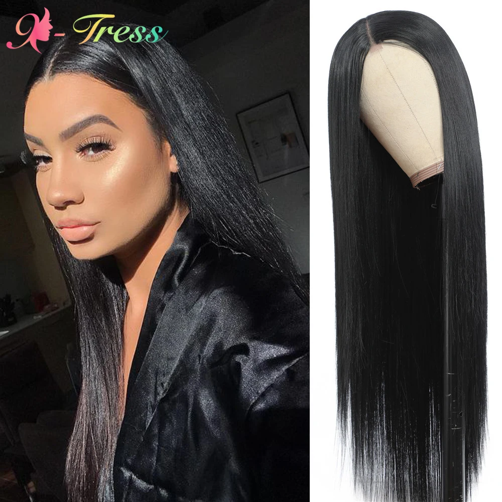 Smooth Long Straight Black Hair Wig Middle Part Lace Wigs for Black Women Customize Synthetic Wig Small Area Lace Part Wig