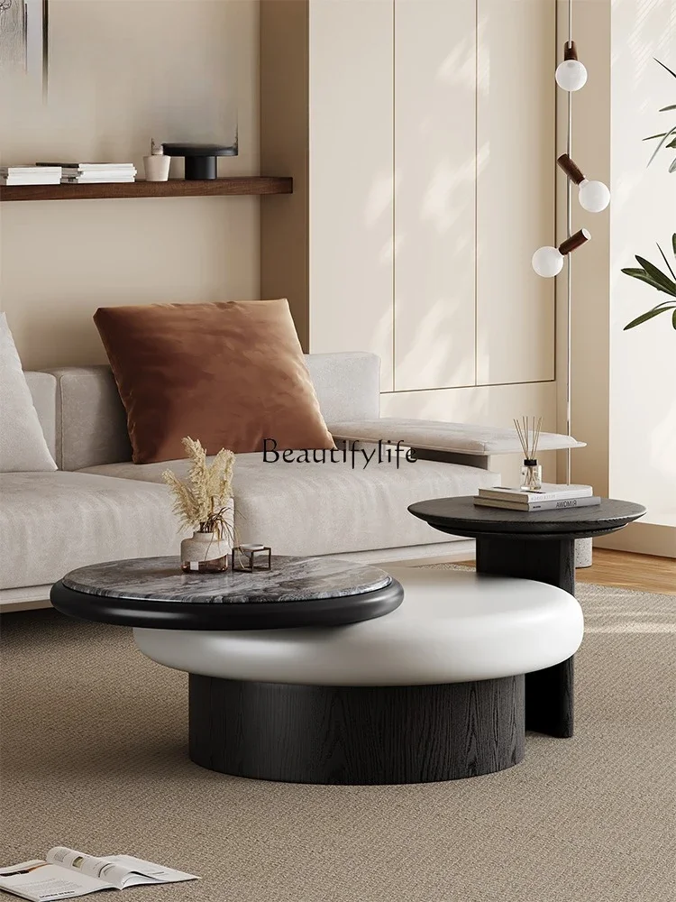 

44-*Coffee table small apartment living room household light luxury high-end solid wood round rock slab