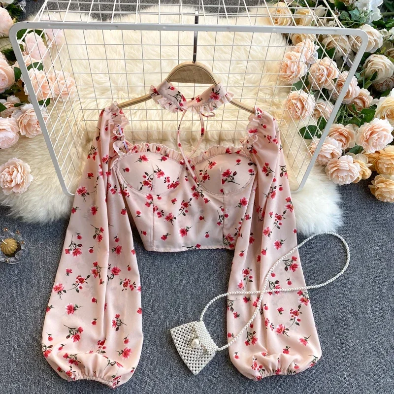 2024 Retro Puff Long Sleeve lace up Bareback Blouse Slim Sexy ruffle Shirt Women Gothic Streetwear Pleated Fashion Crop Top