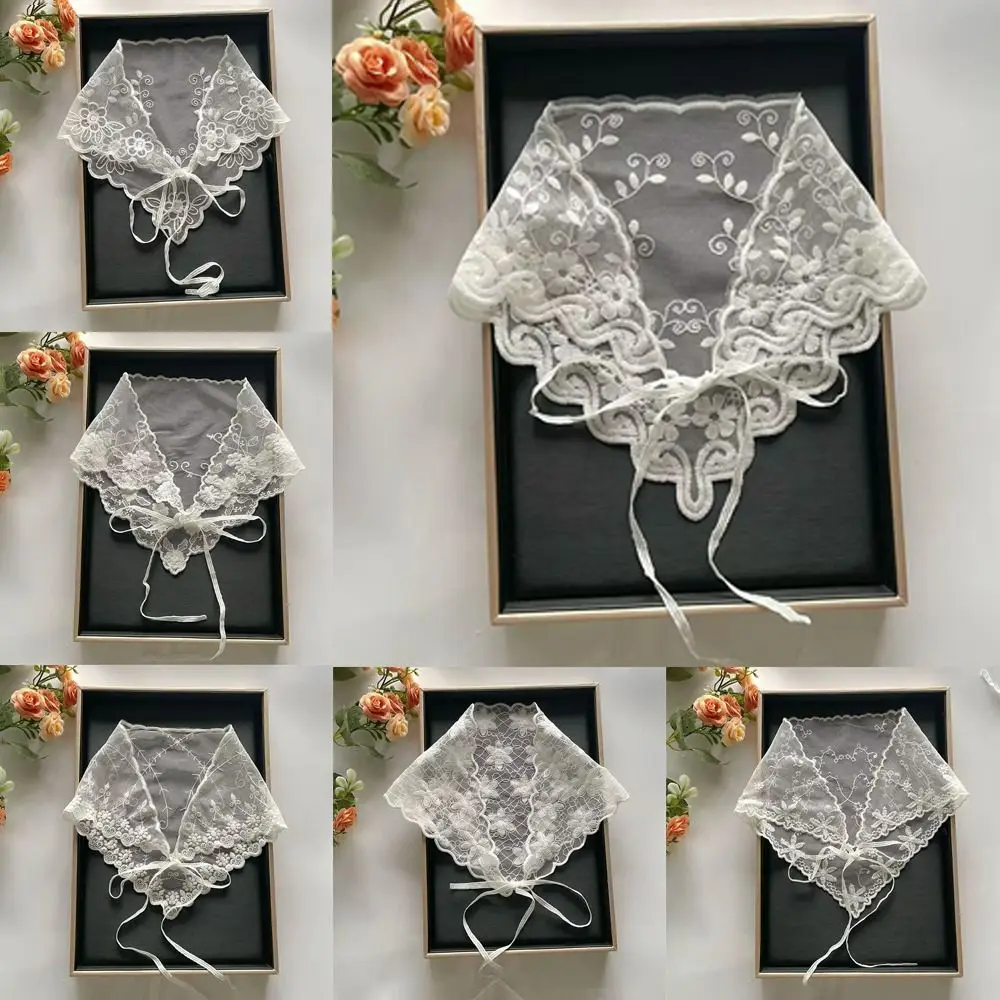 

Elegant White Woven Floral Lace Hair Scarf Wraps Breathable Retro Triangle Headscarf Sweet Lace Hair Accessories Travel