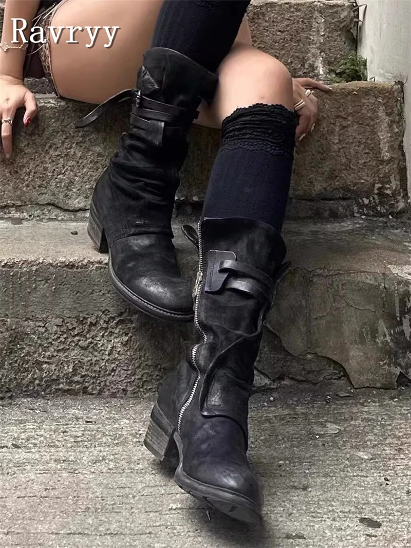 Women New Black Leather Mid Calf Boots Cowgirl Fashionable Side Zipper with Buckle Strap Thick Heel Knight Boots