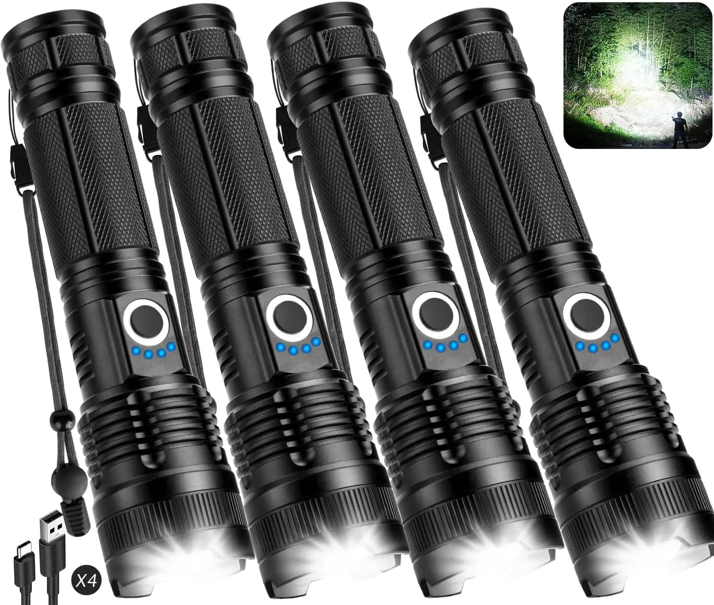 4-Pack Rechargeable LED Flashlights, 90,000LM Super Bright with 5 Modes, Waterproof for Camping & Home