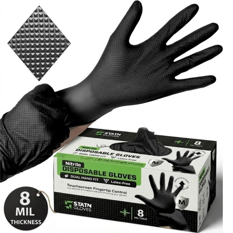 Black Heavy Duty Nitrile Gloves Disposable 8mil Industrial Safety Work Gloves with Diamond Grip for Men Auto Mechanic Gardening