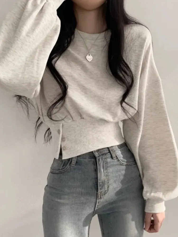 Korean Autumn Chic Solid Hoodies Women Casual O-neck Long Sleeve Y2k All Match Tops New Slim Fit Button Simple 2024 Ropa Mujer