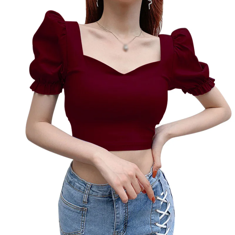 Women\'s Solid V-Neck Slim Fit Open Navel Short Sleeve Top T-shirt Solid Square Neck Sexy Open Navel Pullover T-shirt