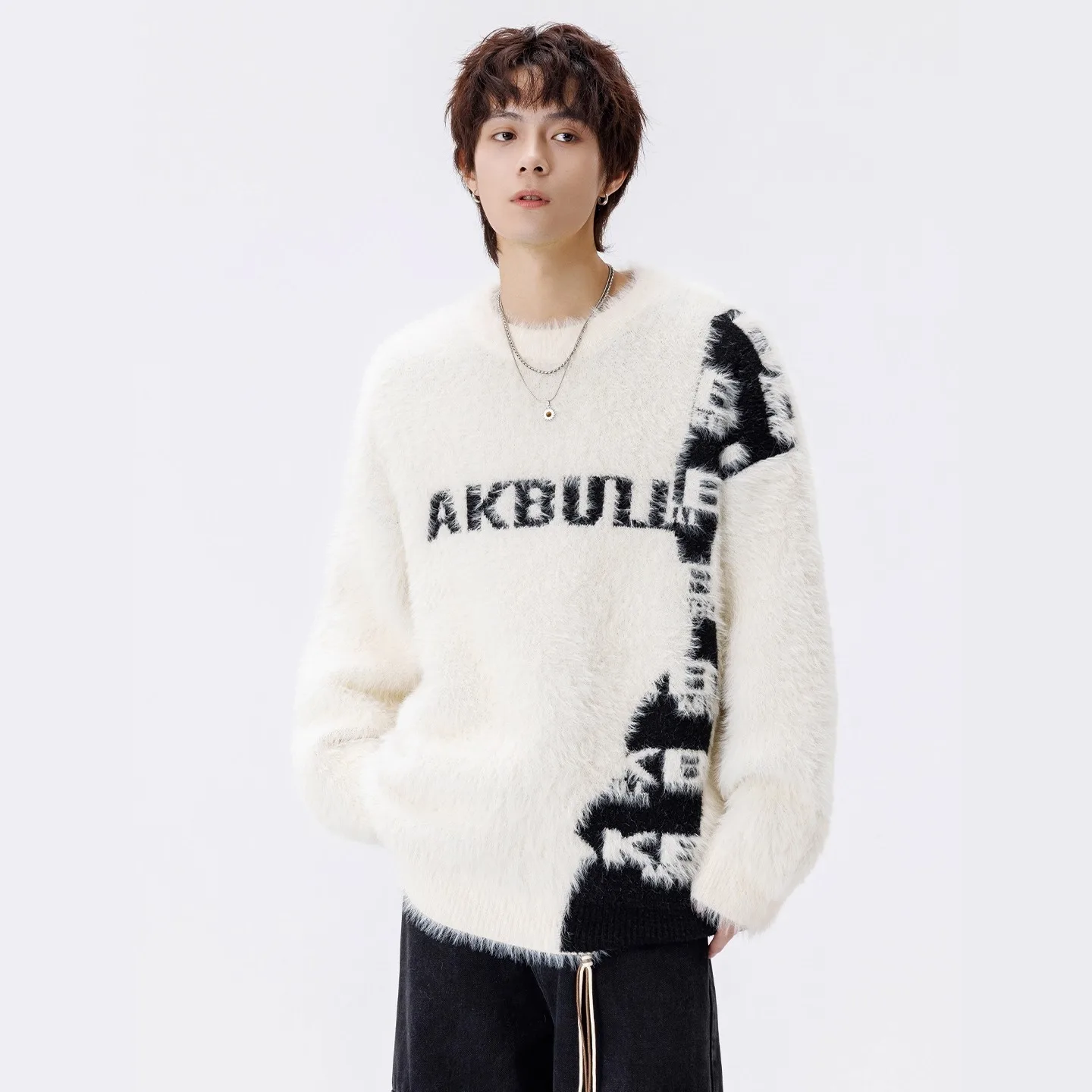 

Laid-ba Fce-Like Knitwear Men's Thiened Warm Inner Wear Casual Sle Polyester Fiber Long Sve round Ne Sweater