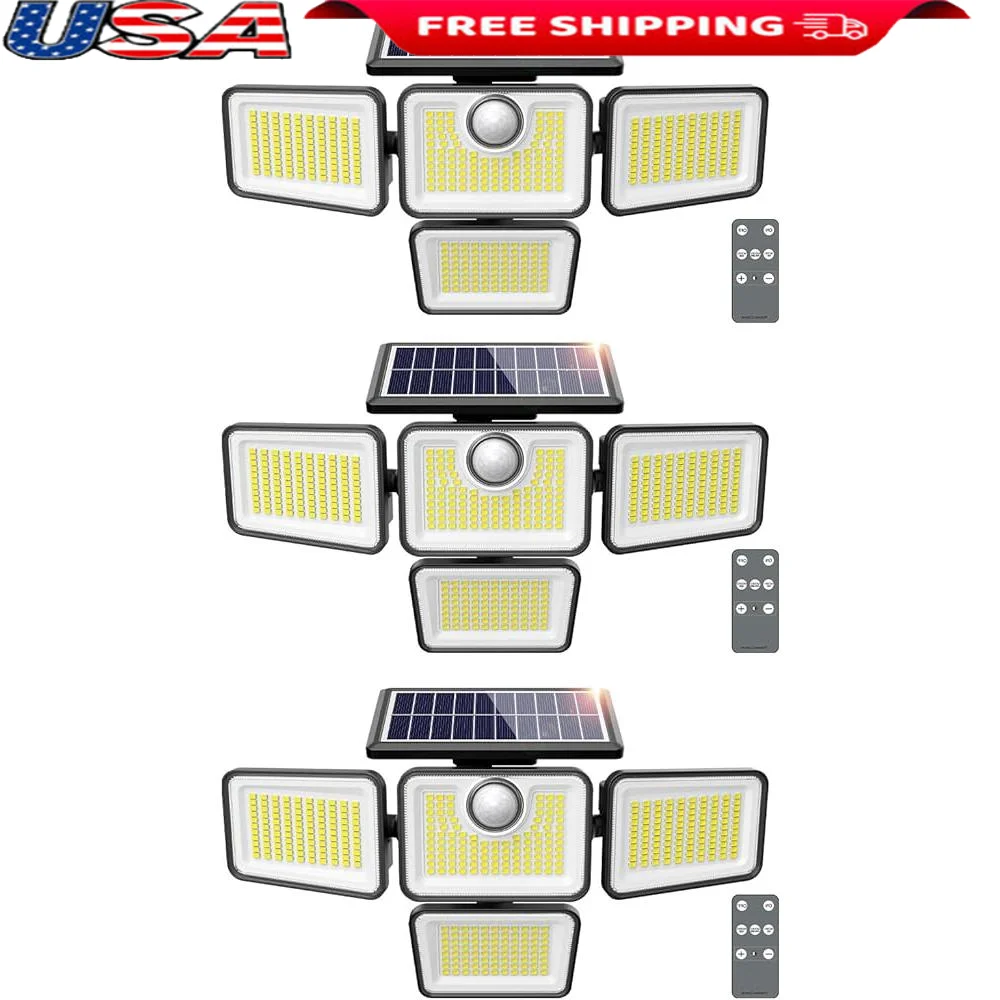 

3000LM Solar Lights Outdoor 413 LEDs 4 Adjustable Heads Motion Sensor Lights 3 Modes IP65 Waterproof Security Floodlight