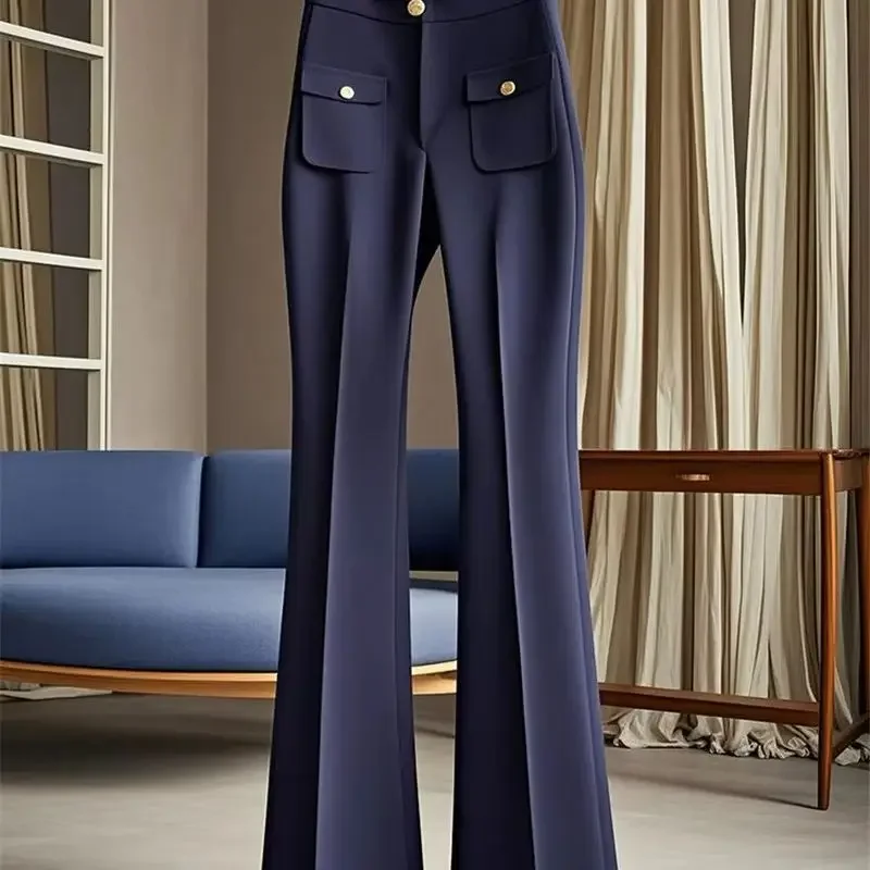 New High End Autumn Women's Pants Slim High Waist Fashion Design Solid Color Office Lady Suit Trousers Casual Micro Flared Pants