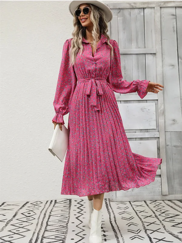 

Fashion Floral Print Dress 2025 Spring New Lapel Button Lace Up Long Sleeve Pleated Dress Elegant Office Lady Long Dresses