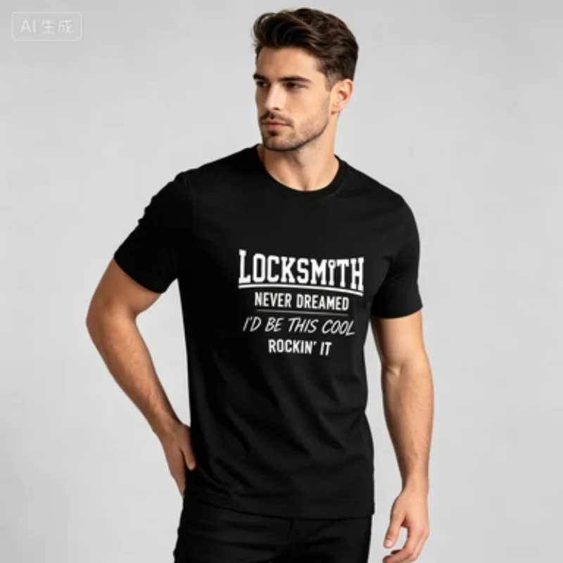 Male Summer Crew Neck Modal T‑Shirt, Cool Locksmith Career Graphic Tee Retro Star Ribbon Badge Design Casual Men Outfit