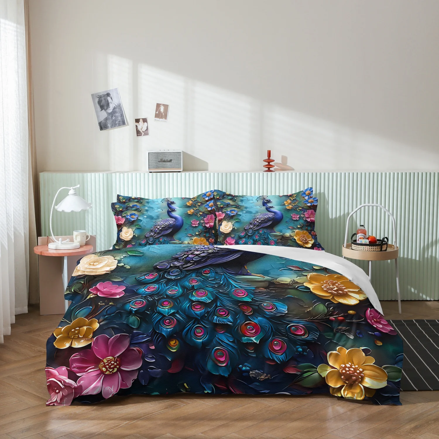 Peacock Colorful Floral Print 3 Pieces Duvet Cover Set, Luxurious Iridescent Peacock Feather Vibrant Flower Print Bedding,