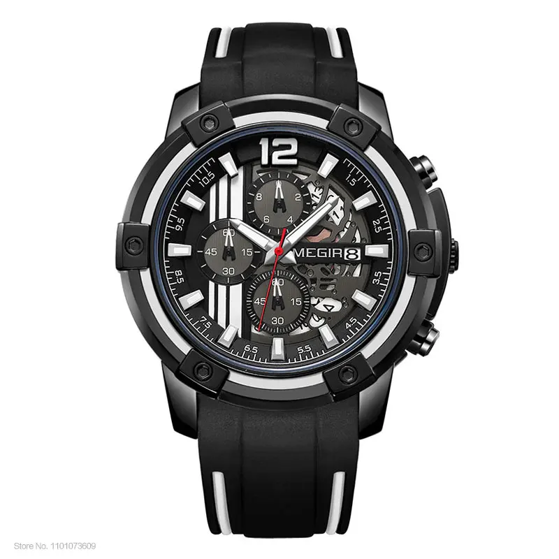 Megir Men's Sports Quartz Watches Army Military Chronograph Wristwatch for Man Luminous Relogios Masculino Clock  2097 Black Red