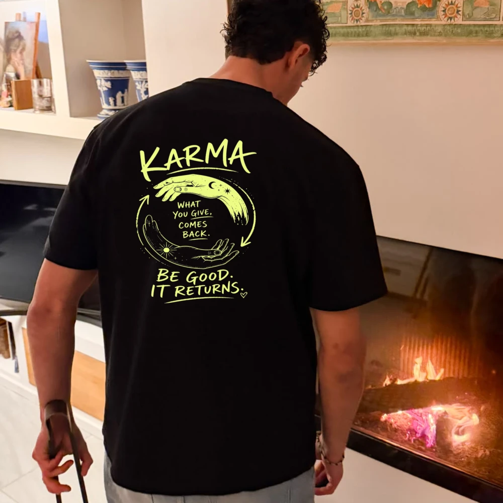 Karma What You Give Comes Back Graphic T-Shirt Men Back Print Spiritual Hand Moon Sun Sketch Cotton Short Sleeve Casual Tee