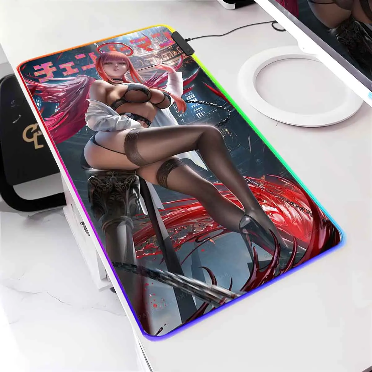 

RGB подсветка аниме бензопила человек коврик для мыши Amate Makima LED Overwatch коврик для мыши большой коврик для мыши нескользящий геймерский стол коврик для клавиатуры