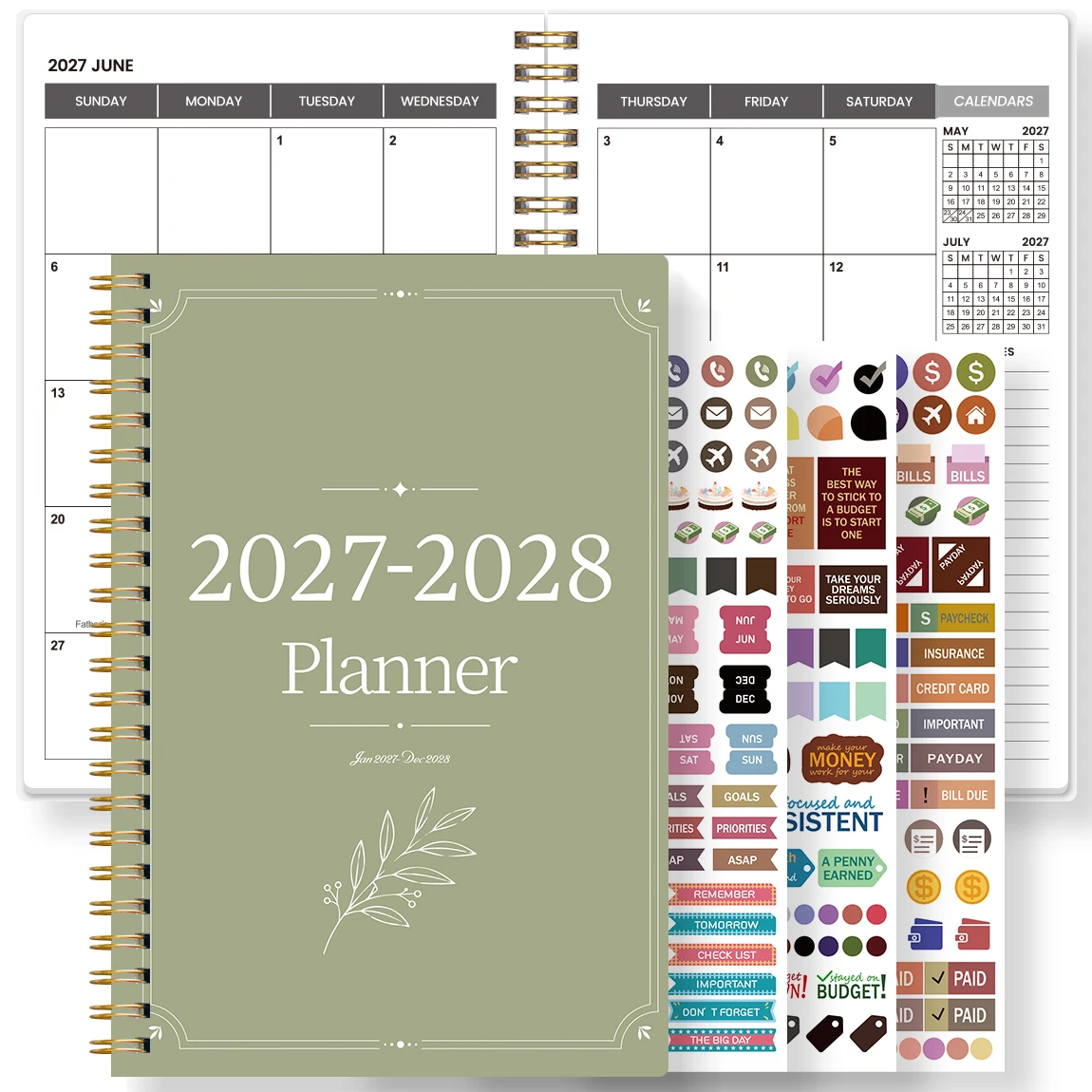 1PC 2027-2028 A5 Monthly Planner Notebook with Stickers, Sage Green Spiral Calendar Organizer for Work, School & Daily Planning