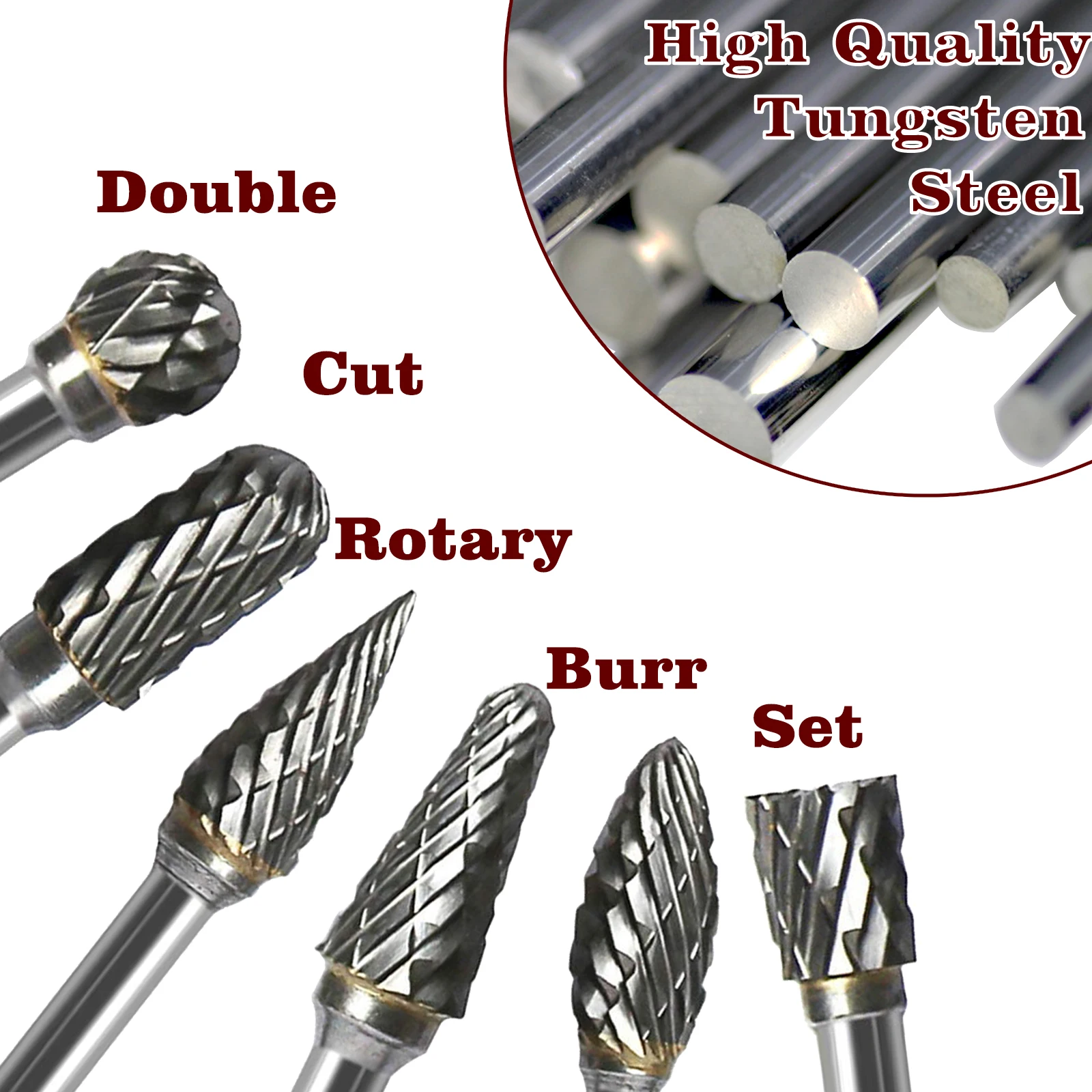 10pcs Double Cut Carbide Rotary Burr Set Die Grinder Tungsten Bits For Wood Working Carving Polishing Drilling