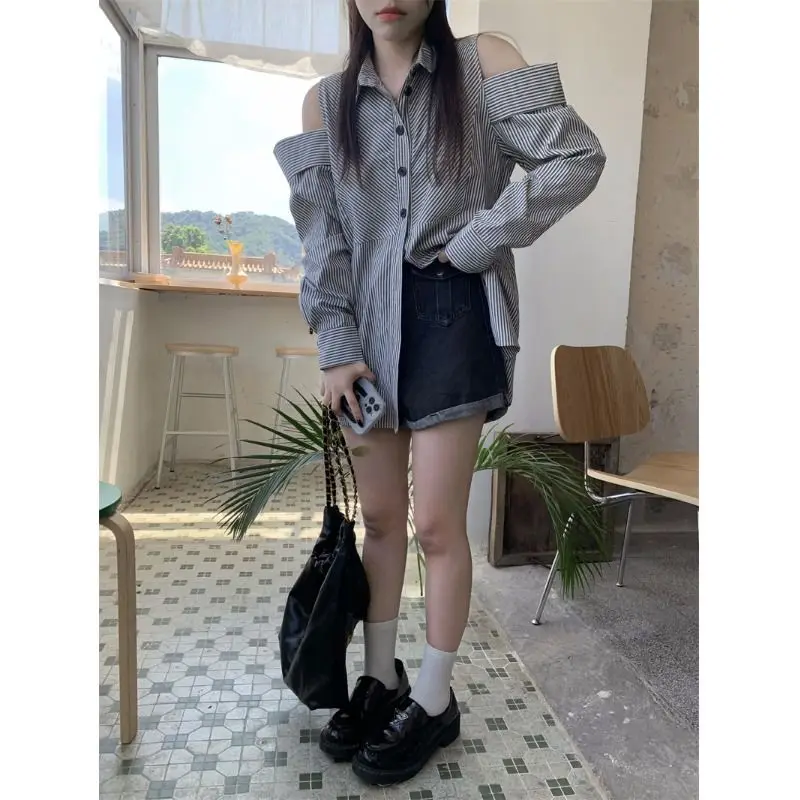 Off Shoulder Striped Loose Blouse Spring New Polo Neck Long Sleeve Button Korean Shirt Tops Vintage Fashion Y2K Women Clothing