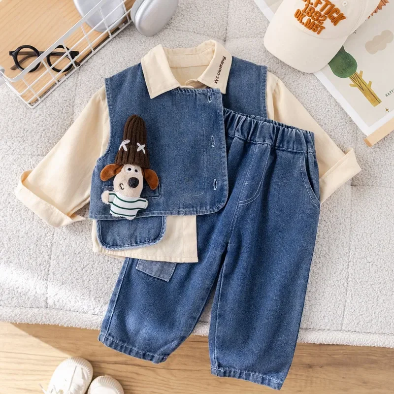 

Boys' Baby Set Spring and Autumn 2026 New Children's Korean Edition Vest Shirt+Jeans 3-Piece Set Trendy