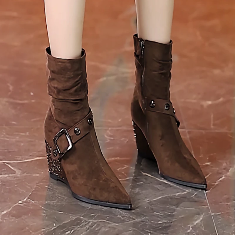 أسافين النساء الأحذية الجلد المدبوغ عالية الكعب أشار حذاء مزود بفتحة للأصابع مثير حفلة شتاء جديد 2025 موضة حذاء من الجلد الاتجاه مشبك مضخات Zapatos #2