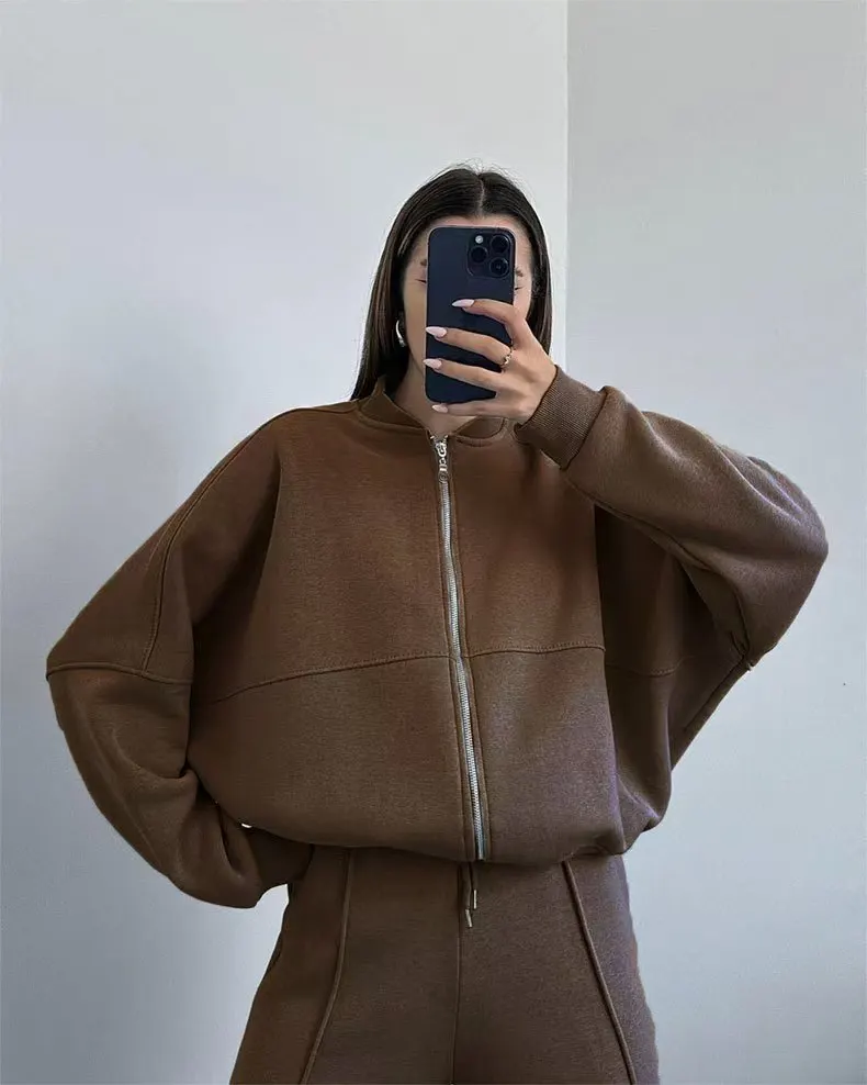 2025 outono inverno casual sólido calça define elegante feminino duas peças camisolas manga cheia com zíper casacos calças compridas bolsos terno