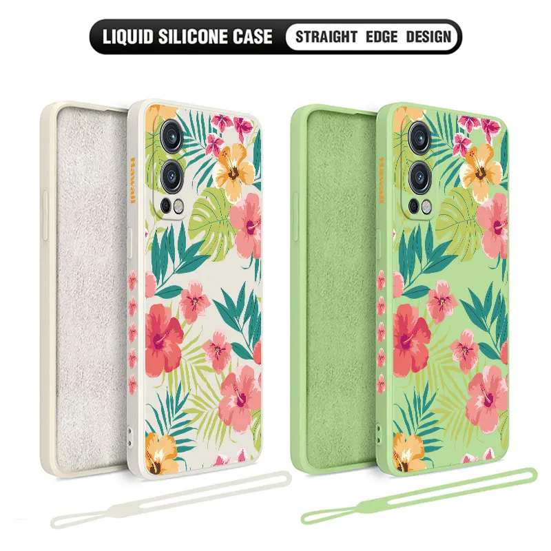 Hawaii Hibiscus Flower Phone Case for Oneplus Nord 2 9R 9 8T 8 7 7T Pro 6 5G Liquid Silicone Cover with Hand Strap