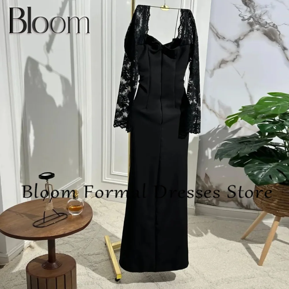 Bloom Square Neck Long Sleeves Solid Black Zipper Back Floor Length sheath Classic Celebrity Evening Dress High Quality straps