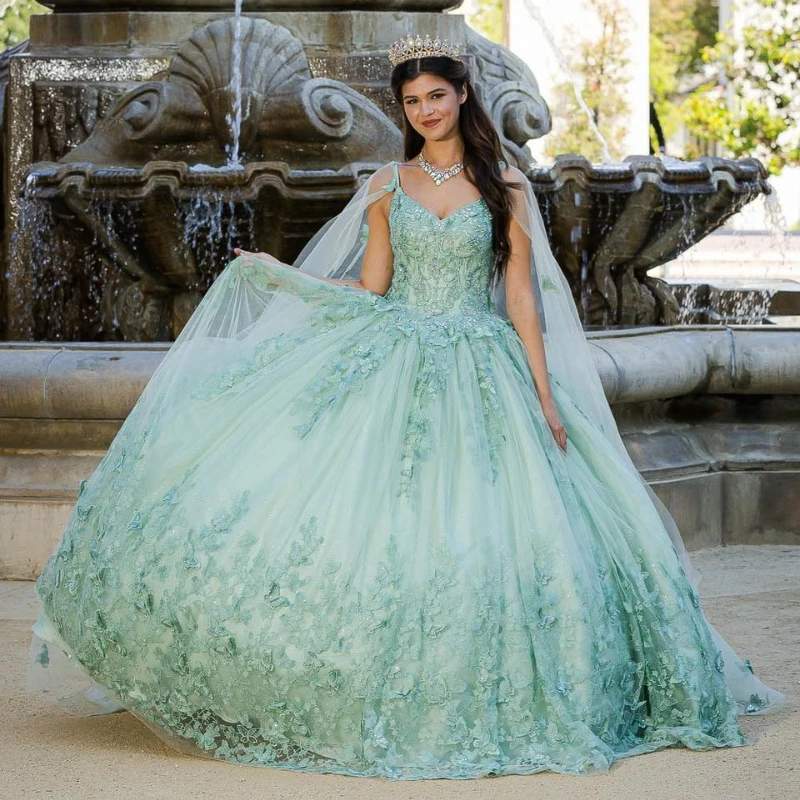 Vestido De quinceañera De menta personalizado, vestido De baile, capa, apliques De mariposa, Beadig, dulce 16, Vestidos De 15 Años YQD410