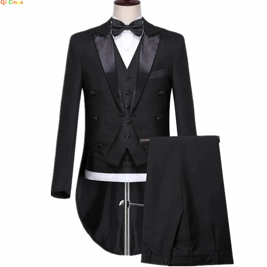 Black Mens Tuxedo Tailcoat Formal Dress Suits 3 Piece Set,White Male Jacket and Pants Vest Party Wedding Dance Magic Performance