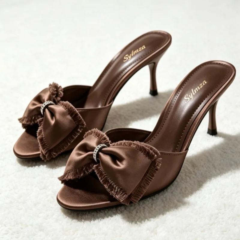 Sweet Brown Bow Detail Mules Sandals Women Luxury Crystal Detail Slide Sandals for Ladies Fashion Round Toe Open-toe Slippers