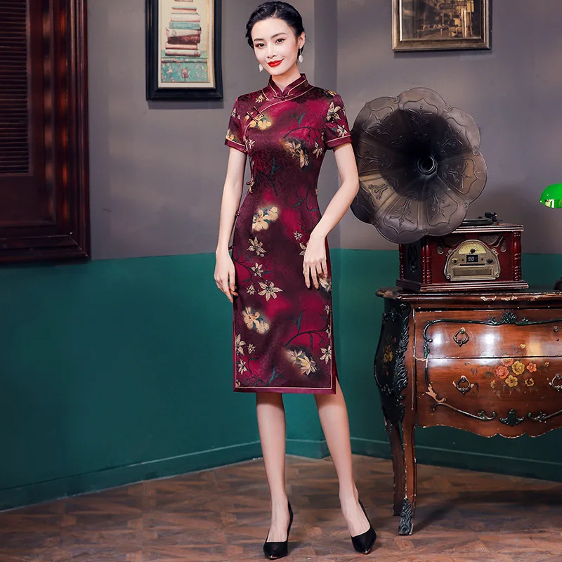 High Quality  Long Improved Gambiered Canton Gauze Cheongsam Qipao Printed Stand Collar Short Sleeve Real Silk Dress