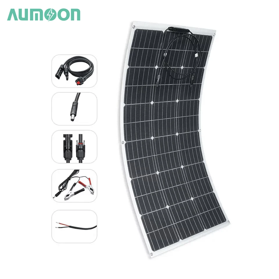 AUMOON ETFE 유연한 태양 전지 패널, 집 지붕 골프 자동차 보트 RV 캠핑용, 80W, 100W, 150W, 200 와트