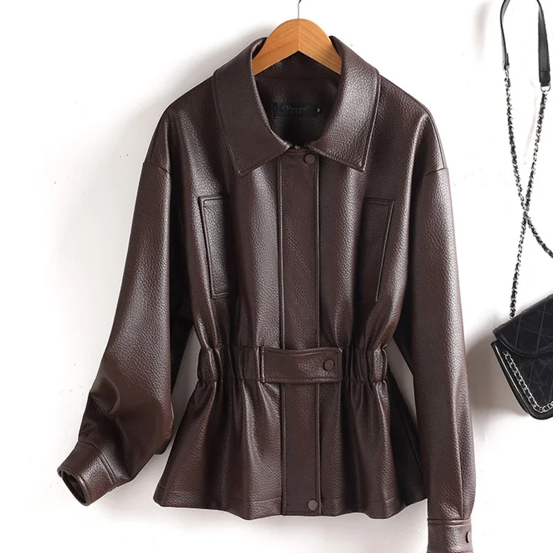 

Новая женская коричневая куртка из искусственной кожи с отложным воротником, свободного кроя, шикарное пальто для осени-зимы, уличная одежда, женская кожаная верхняя одежда в стиле Y2K