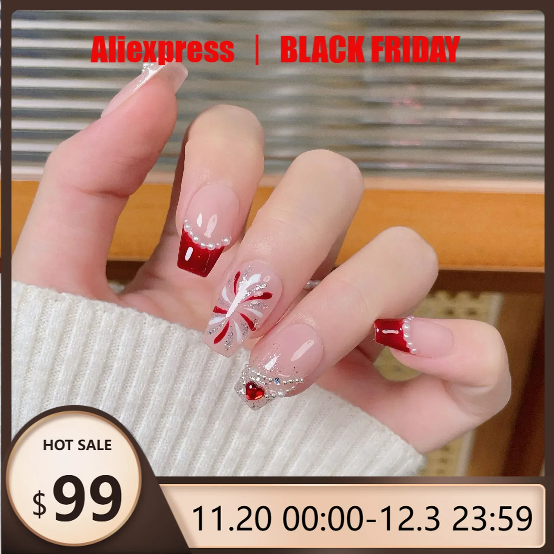 

10Pcs Romantic Red Handmade Press on Nails Shiny Heart&Pearl Accents with Firework Design False Nail Art Tips for 2025 New Year