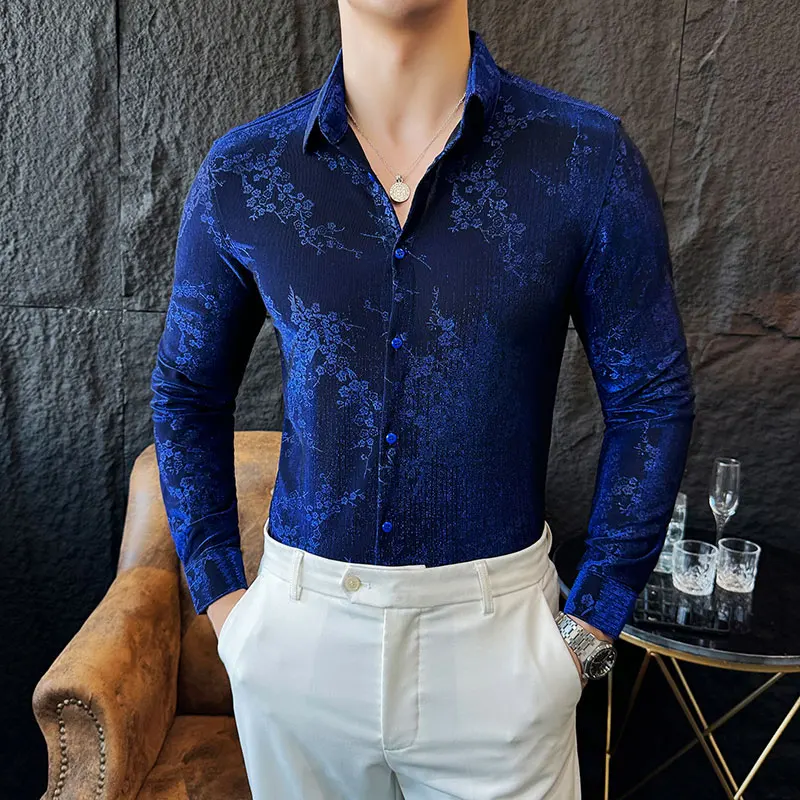 Luxury Velvet Long Sleeved Shirts for Men Autumn Winter Long Sleeve Floral Jacquard Casual Slim Shirt Social Party Tuxedo Blouse