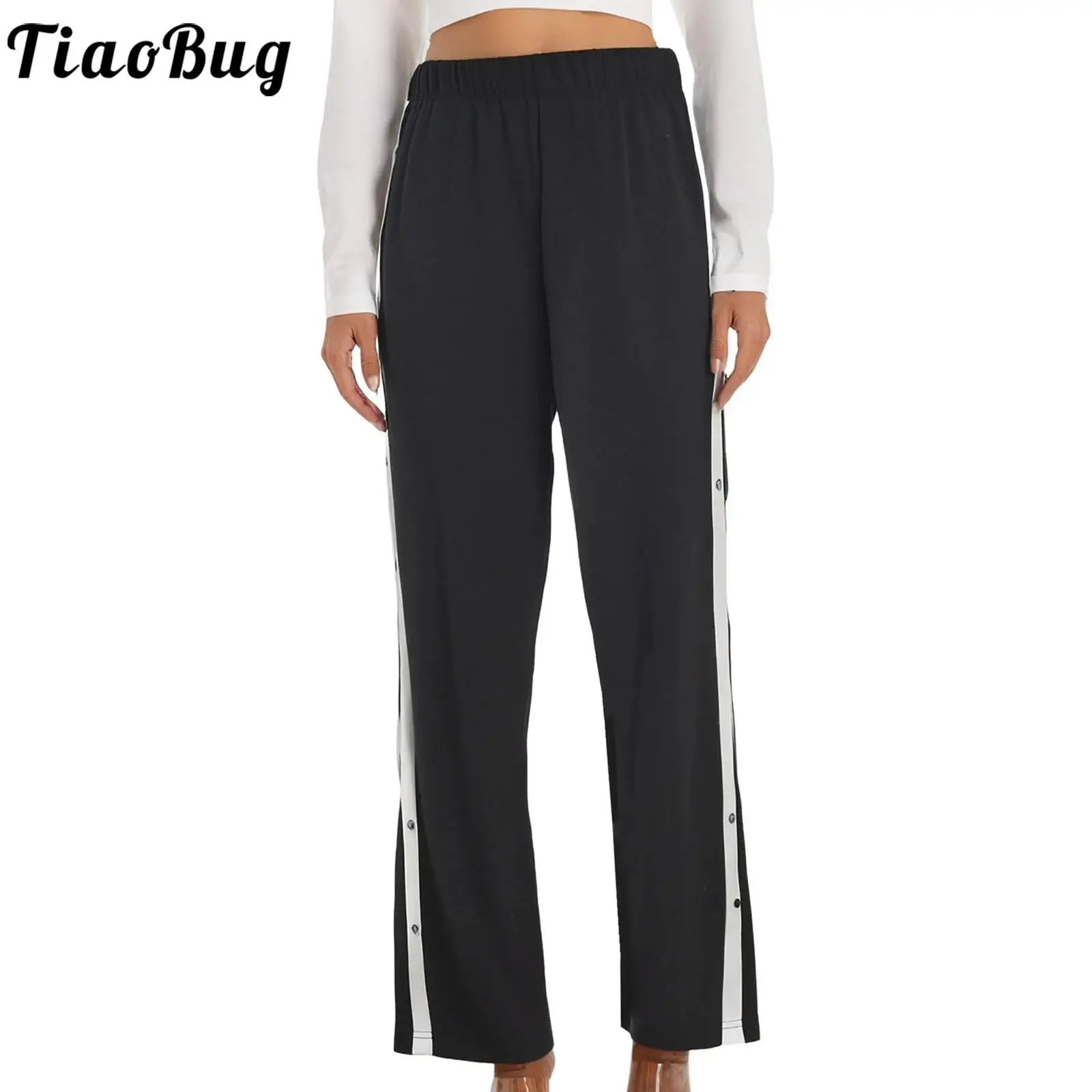 

Women Wide Leg Side Pressing Buttons Sweatpants Tear Away Loose Long Pants Elastic Waist Side Pockets Color Block Pants
