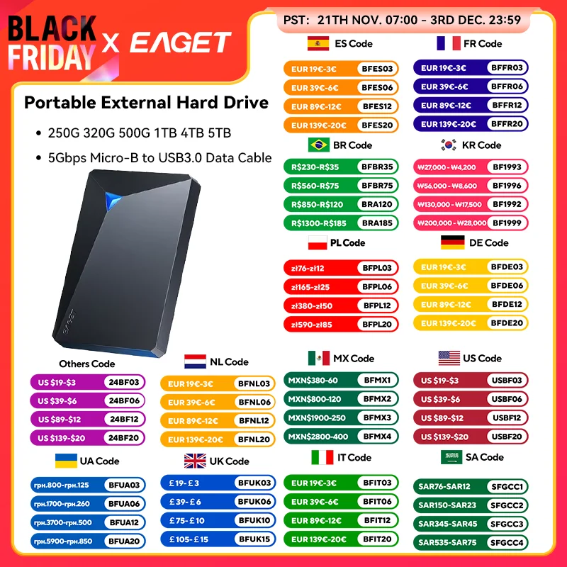 Eaget Portable External Hard Drive 5Gbps SATA HDD 1TB 4TB 5TB LED Hard Disk USB3.0 External HD Compatible for SamSung PC Mac