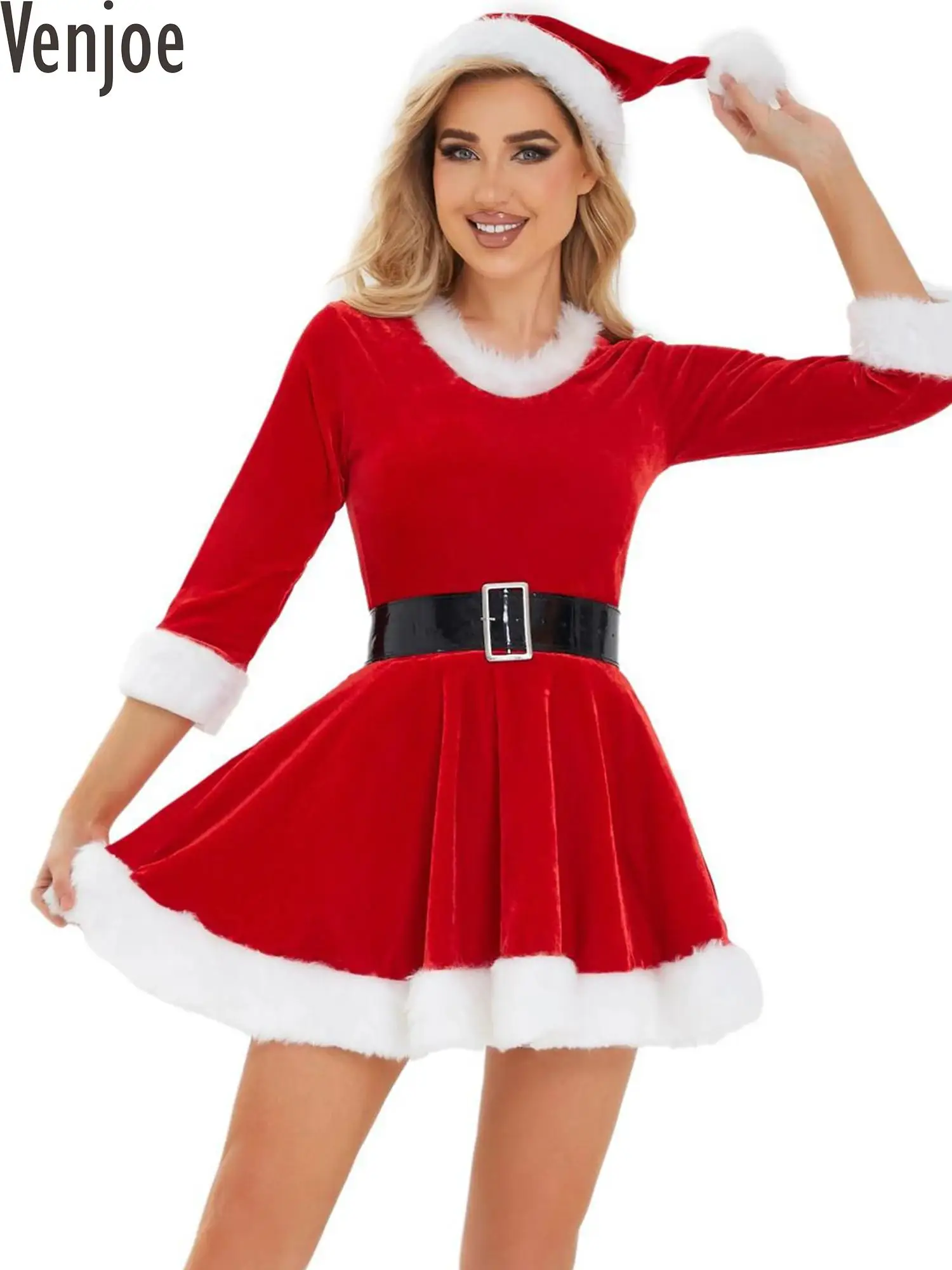 

#S-XXL Womens Xmas Santa Claus Dress with Belt Hat Christmas Cosplay Costume A-Line Dress New Year Holiday Fancy Dress Up