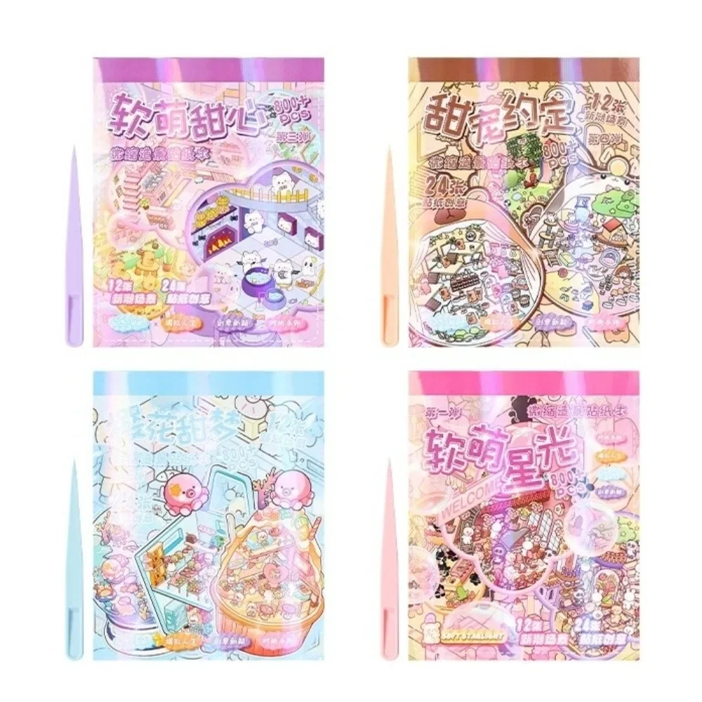 PET 3D Landscaping Stickers 12 Sheets Scenes 24 Sheets Stickers Visual Stacking Sticker Cartoon Town Miniature Scene Stickers