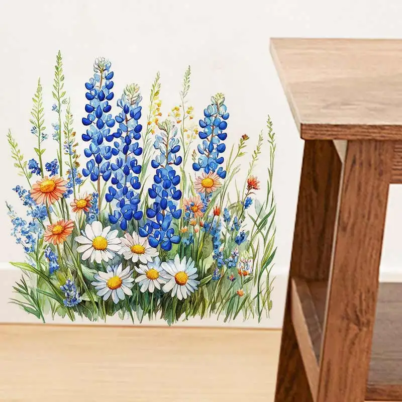 Blue Wildflowers Wall Sticker Toilet Lid Stickers, Bedroom Entrance Living Room Porch Home Decora Waterproof Decal Stickers S94