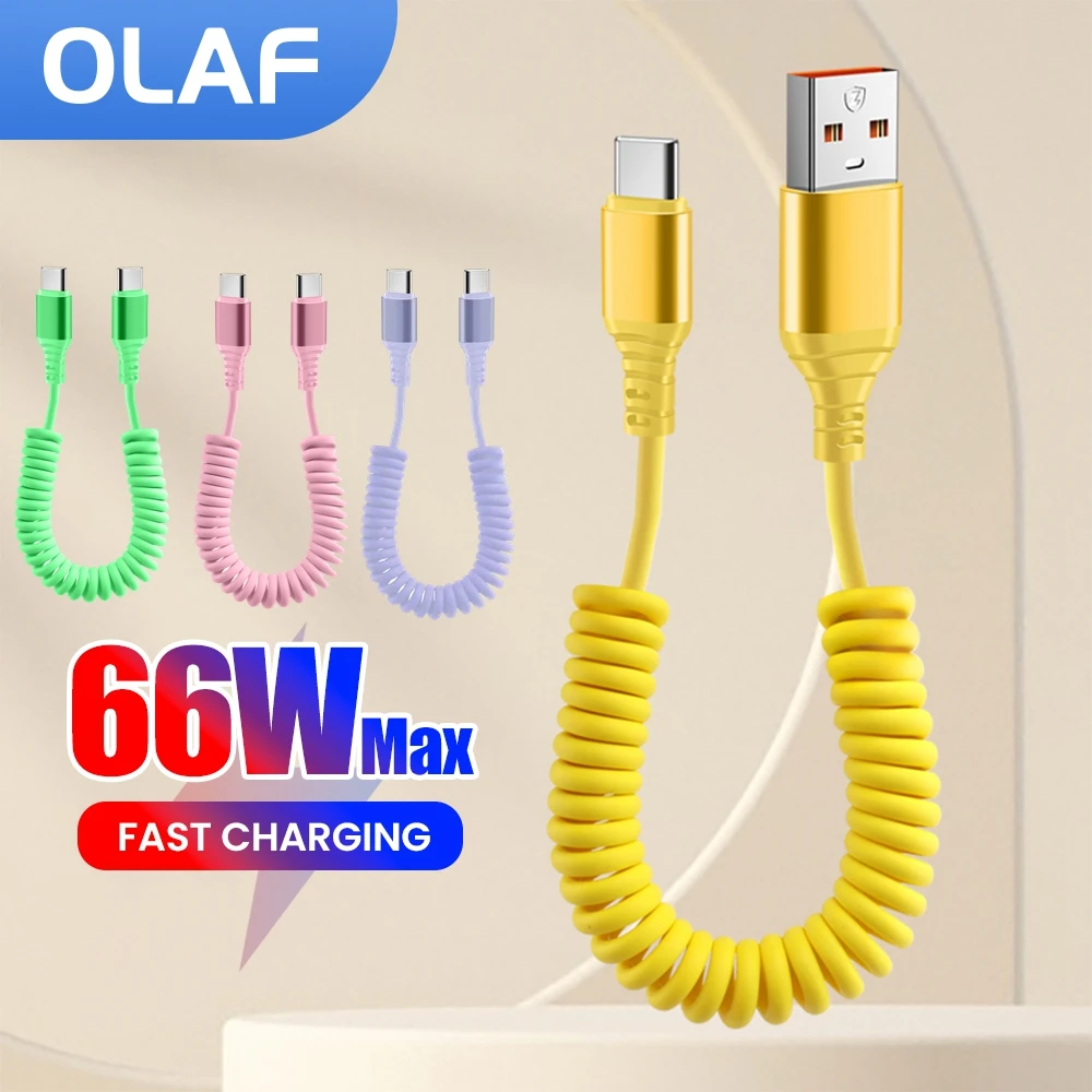 66w Car Spring Fast Charging USB Cable Multicolor USB A/USB C to Type C Cable USB C Data Cord For iPhone 15 16 pro Xiaomi Huawei