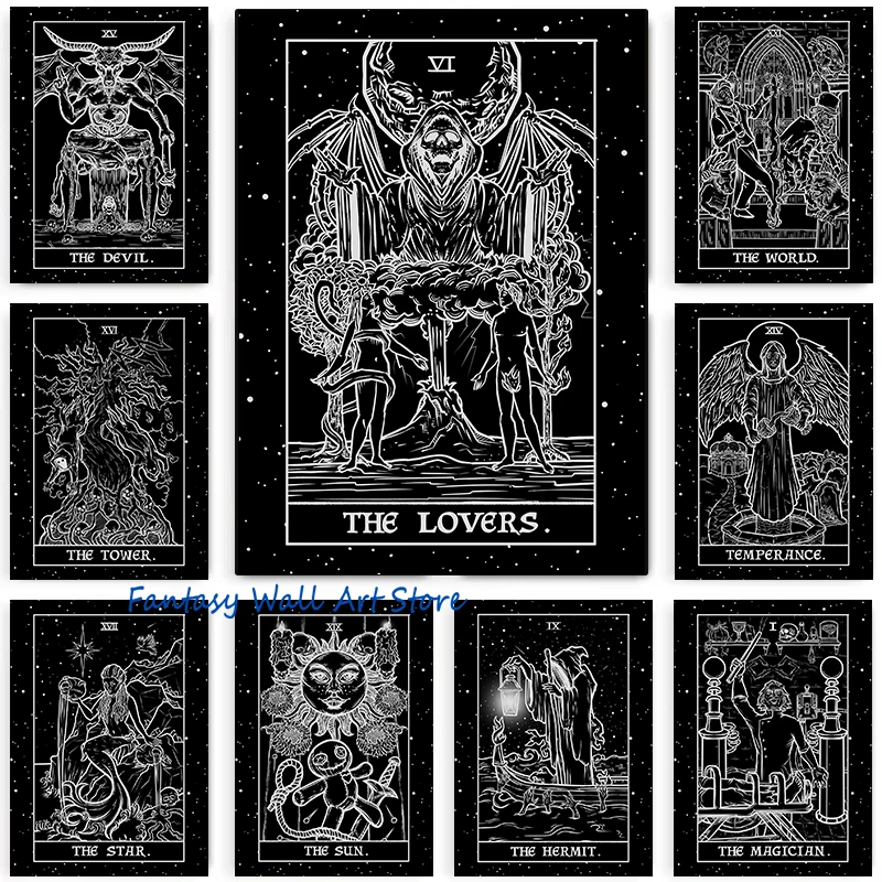 Terror Tarot Shadow Magical Wizard Devil The Mysticism Drawing Minimalist Tarot Art Poster Canvas Painting Wall Pictures Decor