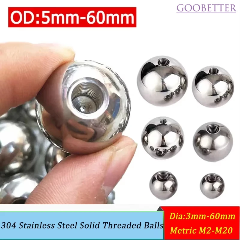 304 Stainless Steel Half Hole Beads M2-M20 Tapped 3mm-60mm Solid Ball Beads for DIY Decoration Metric Threaded Balls