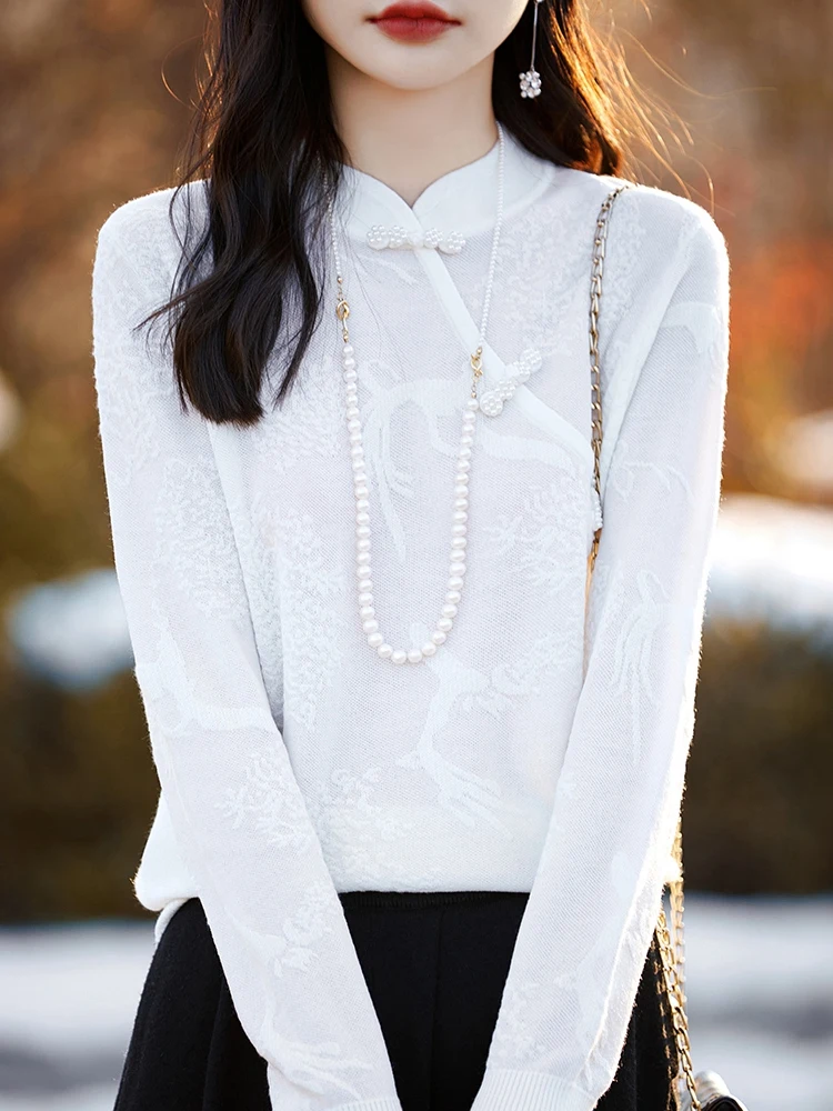 Primavera e autunno delicata camicia con fondo in tinta unita da donna casual allentata con collo a fibbia in stile cinese intrecciato a 16 aghi